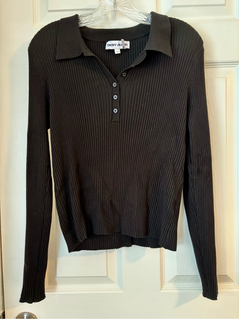 Dkny Black Ribbed Long-Sleeve Polo Top